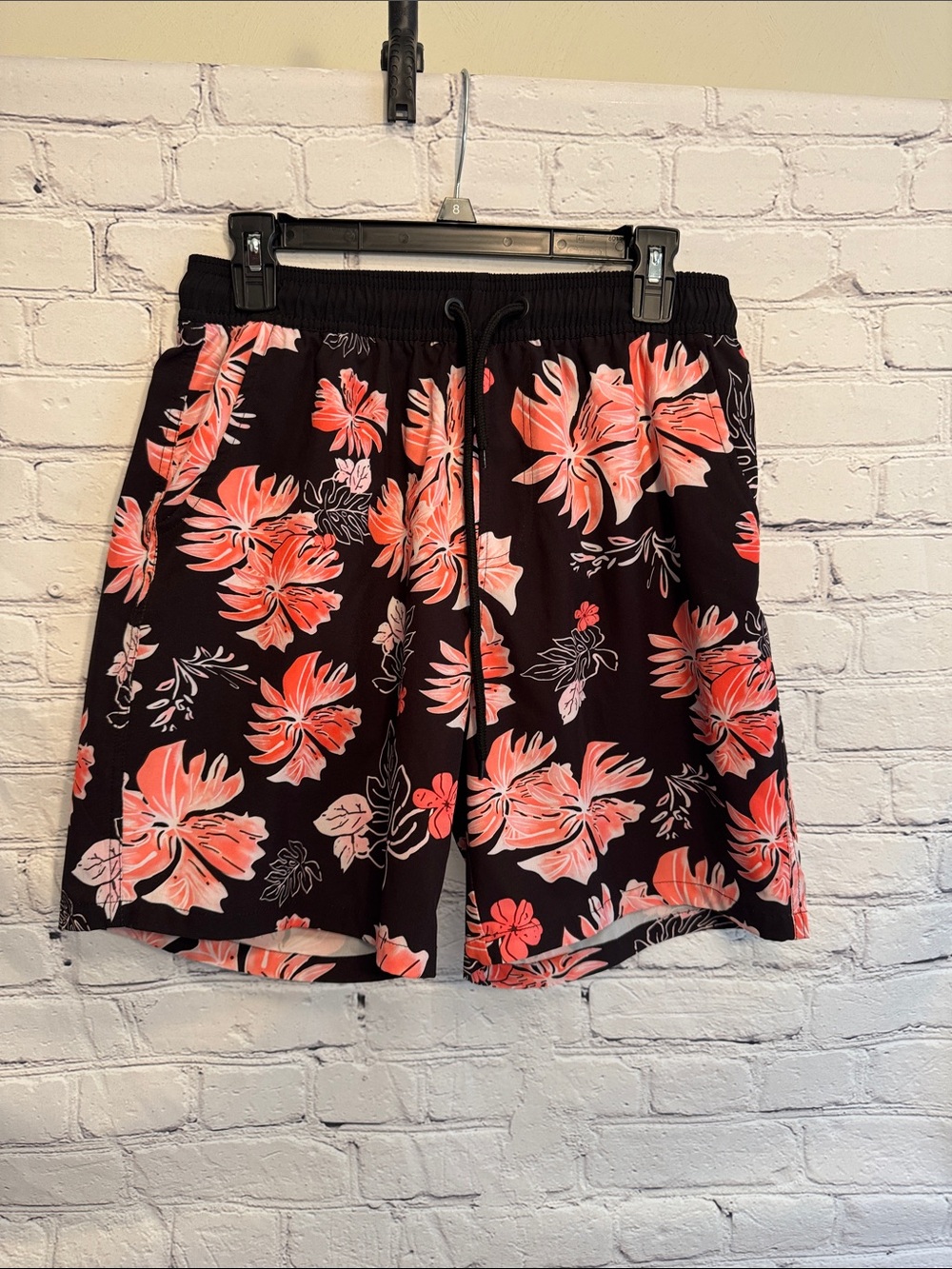 LUMINOVI Men's Black Swim Shorts with Coral Floral Print Large